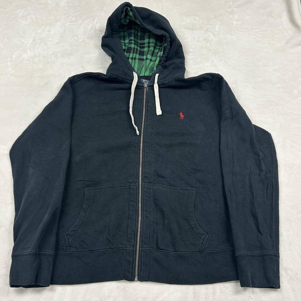 Polo Ralph Lauren Hoodie Mens Large Black Plaid Lined Full Zip Pony Logo 1344